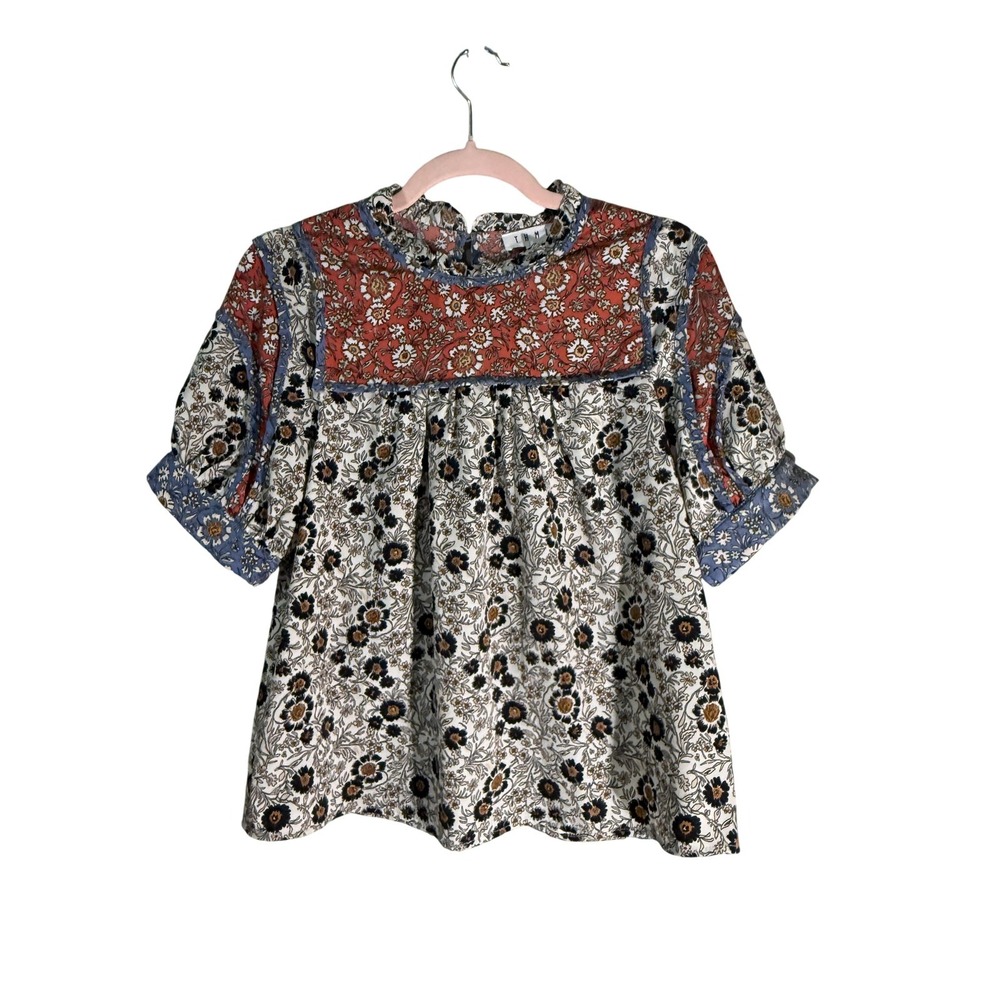 THML Blouse Womens XS Multicolor Tunic Mock Neck Puff Sleeve Button Floral